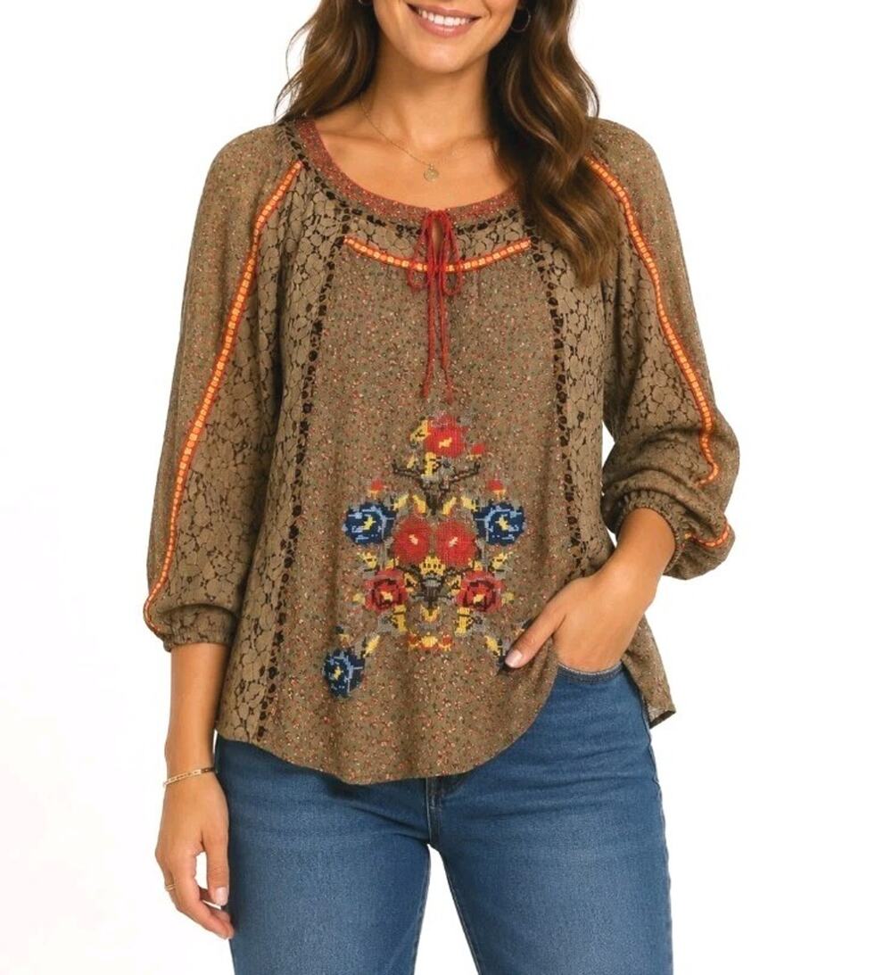 Ivy Jane ~Woman Size S~ Multicolor Embroidered Balloon Sleeve Blouse Boho Top.